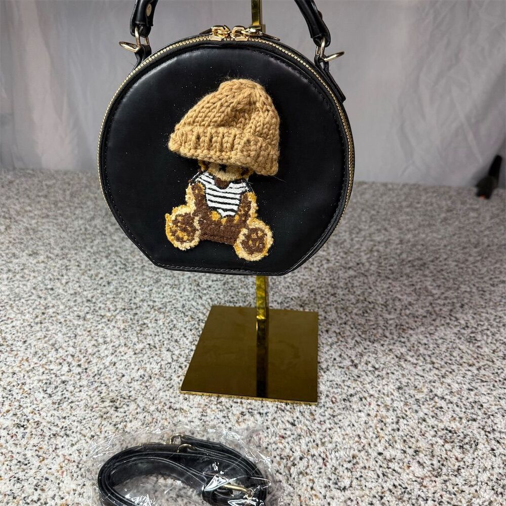Temu Cute Cartoon Bear Round Crossbody Bag Black Unisex Small Casual